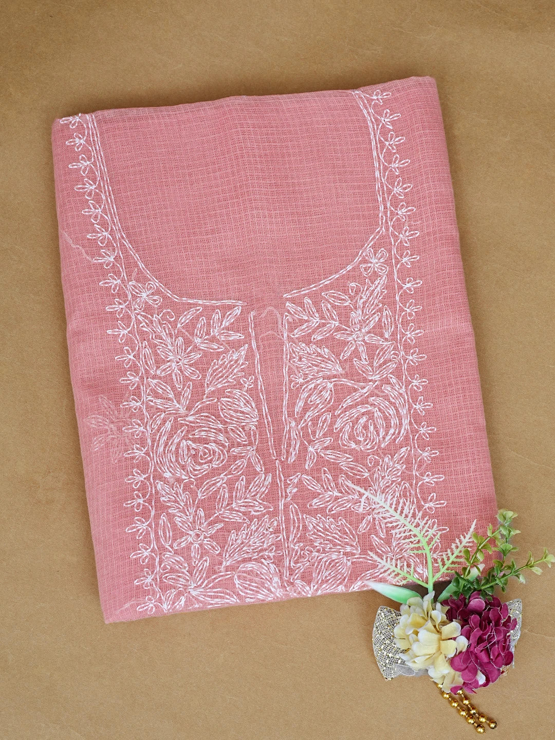Ada Hand Embroidered Peach Pink Kota Lucknowi Chikankari Unstitched Kurta Piece 01A836430