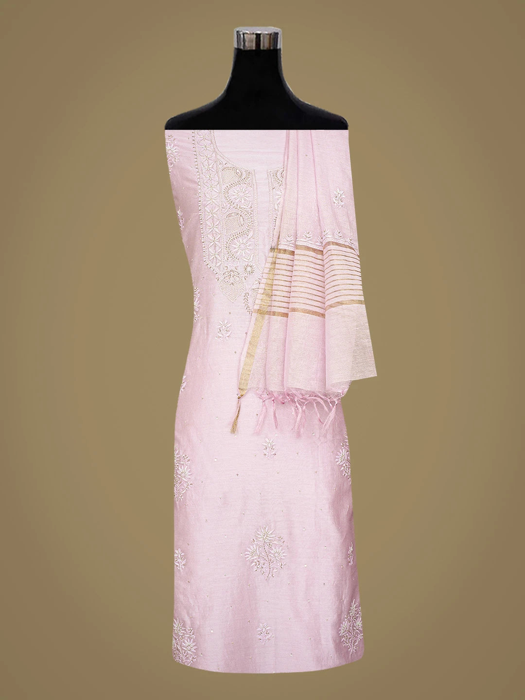Ada Hand Embroidered Lavender Chanderi Lucknowi Chikankari Unstitched Kurta Dupatta Set With Pearl Work 01A766724