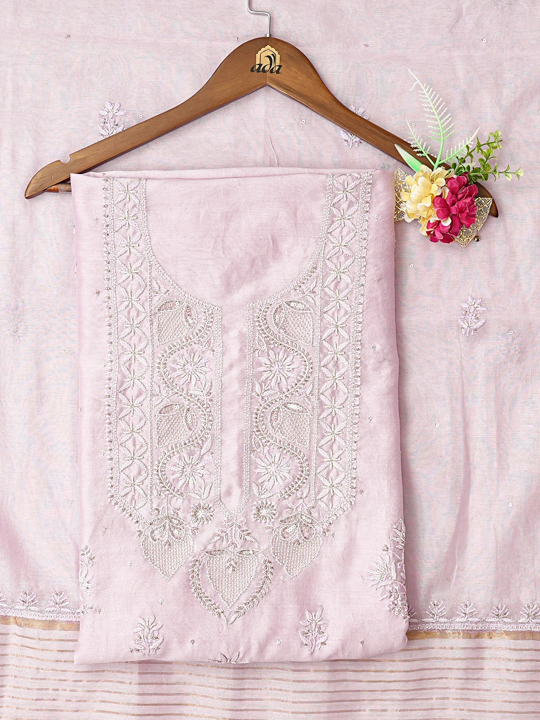 Ada Hand Embroidered Lavender Chanderi Lucknowi Chikankari Unstitched Kurta Dupatta Set With Pearl Work 01A766724