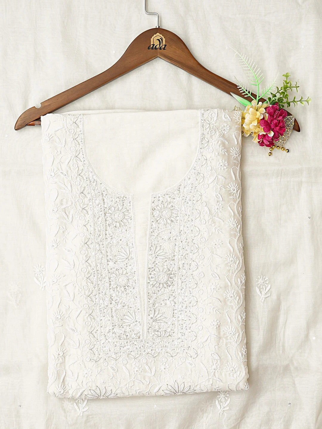 Ada Hand Embroidered White Chanderi Lucknowi Chikankari Unstitched Kurta Dupatta Set With Pearl Work 01A501593