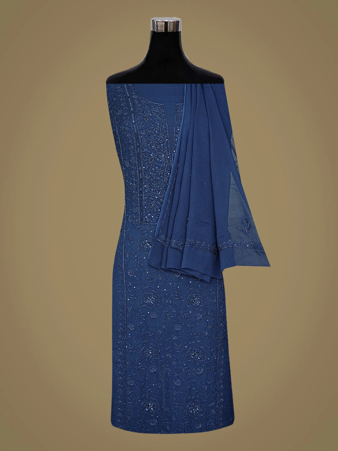 Ada Hand Embroidered Navy Blue Viscose Georgette Lucknowi Chikankari Unstitched Kurta Dupatta Set With Cutdana Work 01A771722