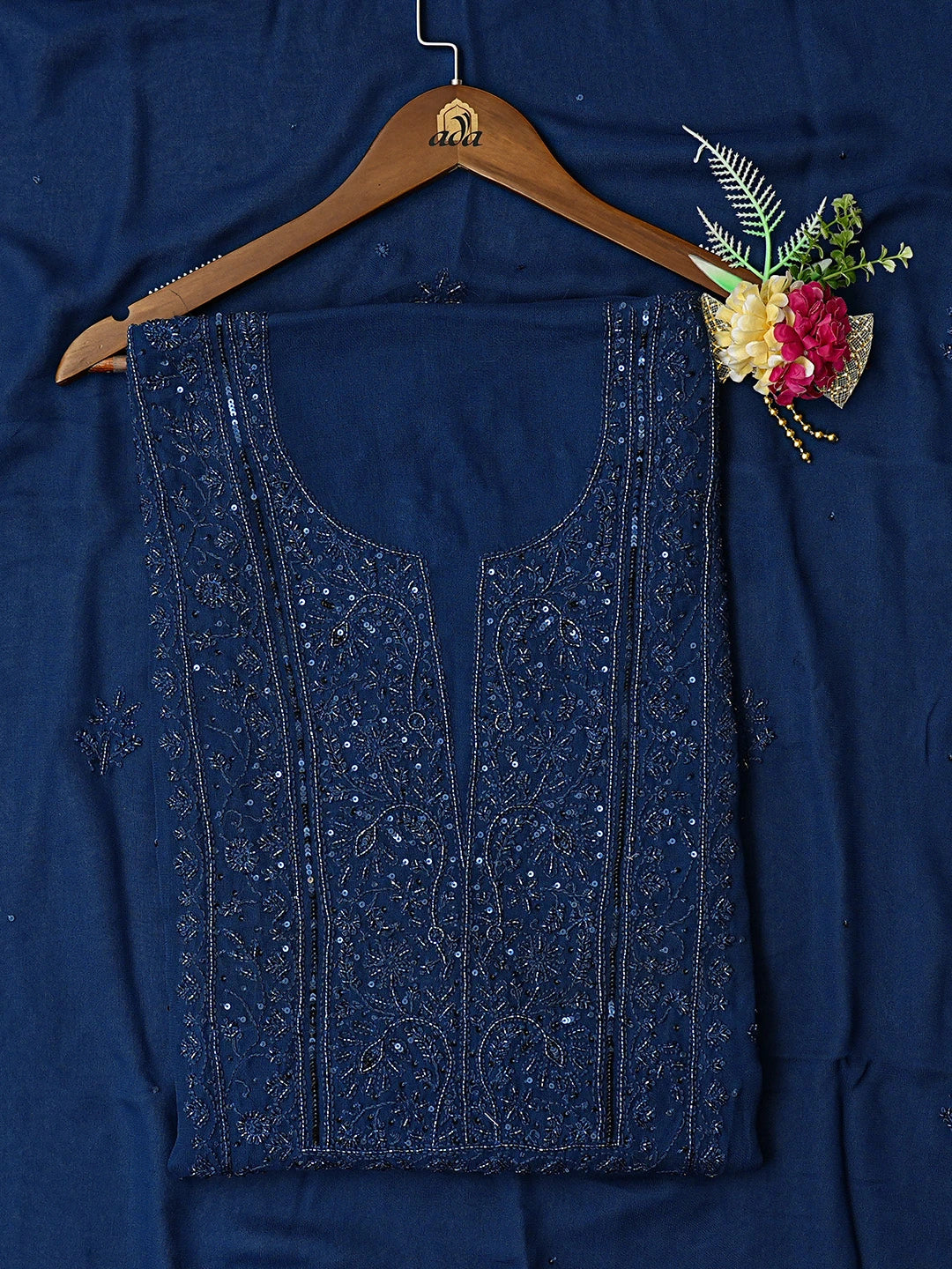 Ada Hand Embroidered Navy Blue Viscose Georgette Lucknowi Chikankari Unstitched Kurta Dupatta Set With Cutdana Work 01A771722
