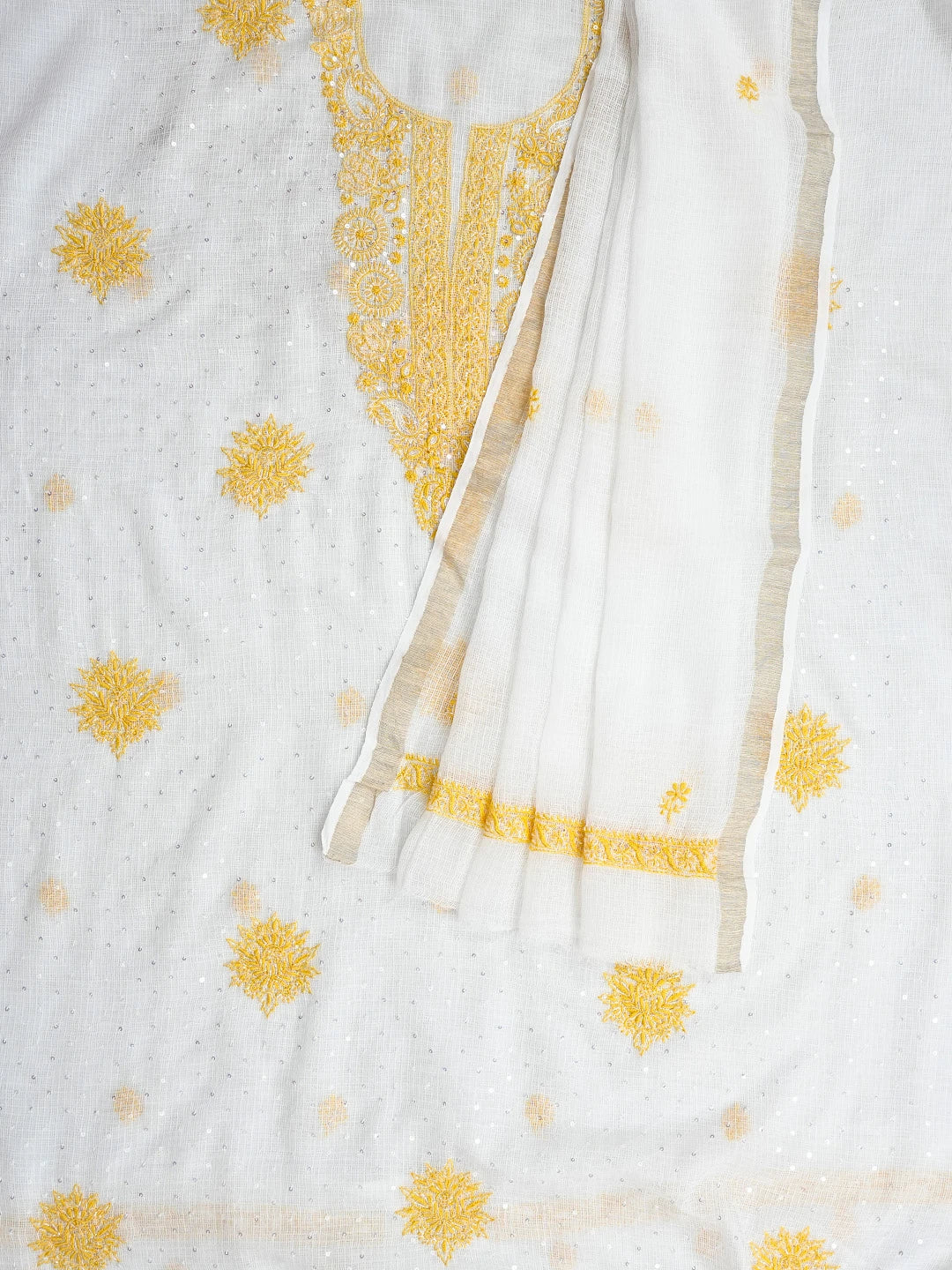 Ada Hand Embroidered White Kota Lucknowi Chikankari Unstitched Kurta Dupatta Set With Sequinned Work 01A737437