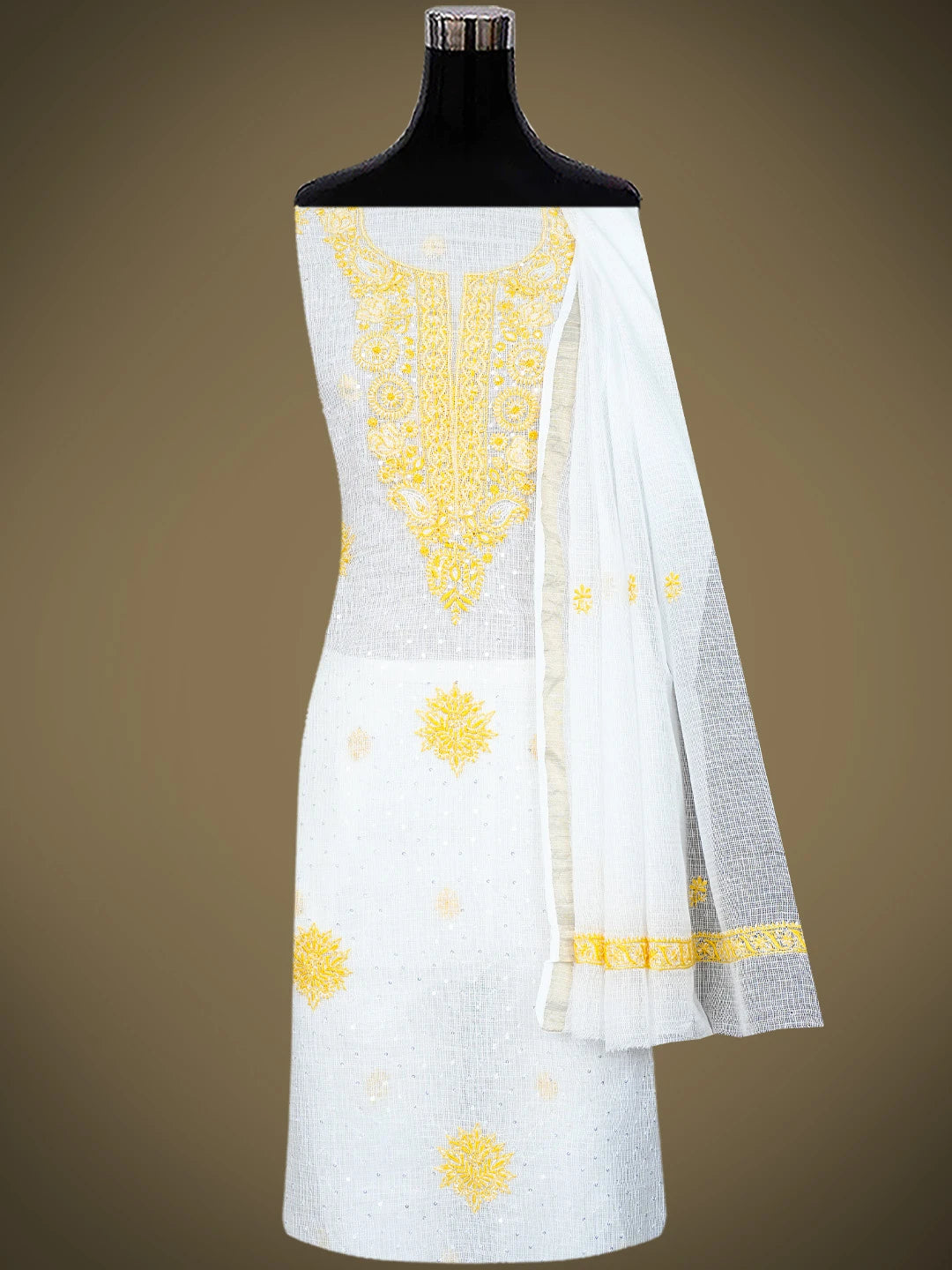 Ada Hand Embroidered White Kota Lucknowi Chikankari Unstitched Kurta Dupatta Set With Sequinned Work 01A737437