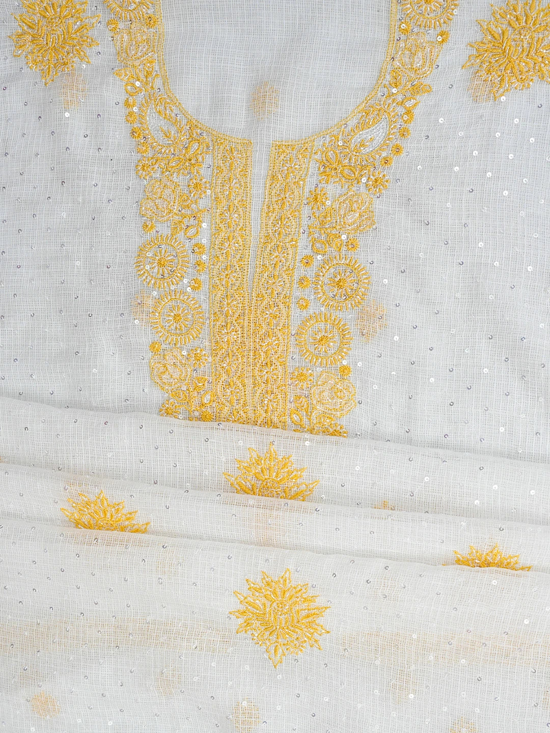 Ada Hand Embroidered White Kota Lucknowi Chikankari Unstitched Kurta Dupatta Set With Sequinned Work 01A737437