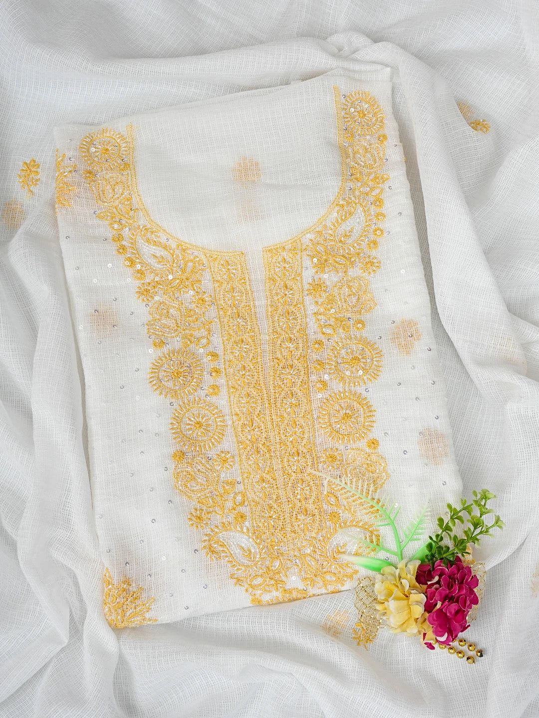 Ada Hand Embroidered White Kota Lucknowi Chikankari Unstitched Kurta Dupatta Set With Sequinned Work 01A737437