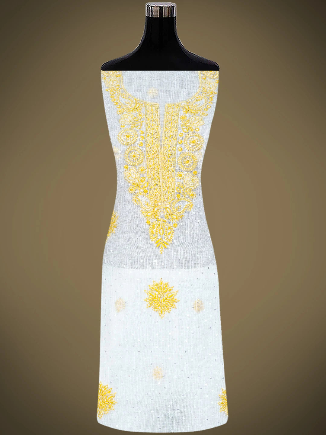 Ada Hand Embroidered White Kota Lucknowi Chikankari Unstitched Kurta Dupatta Set With Sequinned Work 01A737437