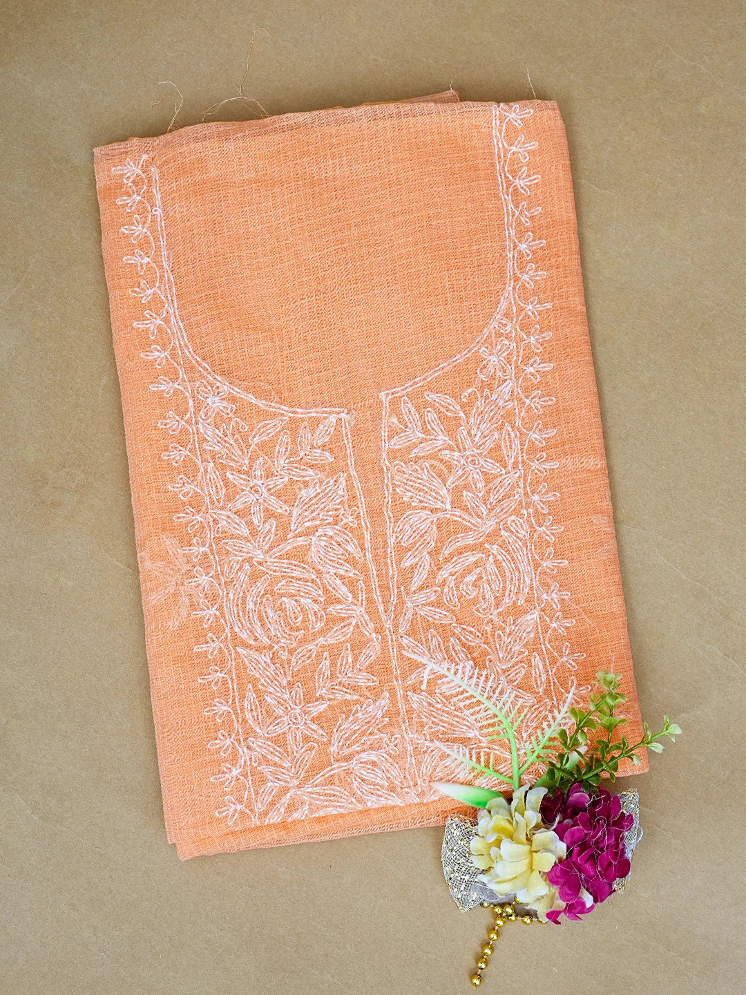 Ada Hand Embroidered Peach Kota Lucknowi Chikankari Unstitched Kurta Piece 01A836459