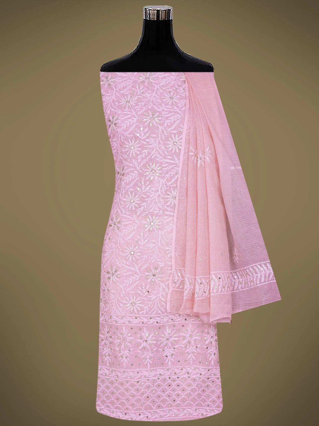 Ada Hand Embroidered Pink Kota Lucknowi Chikankari Unstitched Kurta Dupatta Set With Mirror Work 01A751088