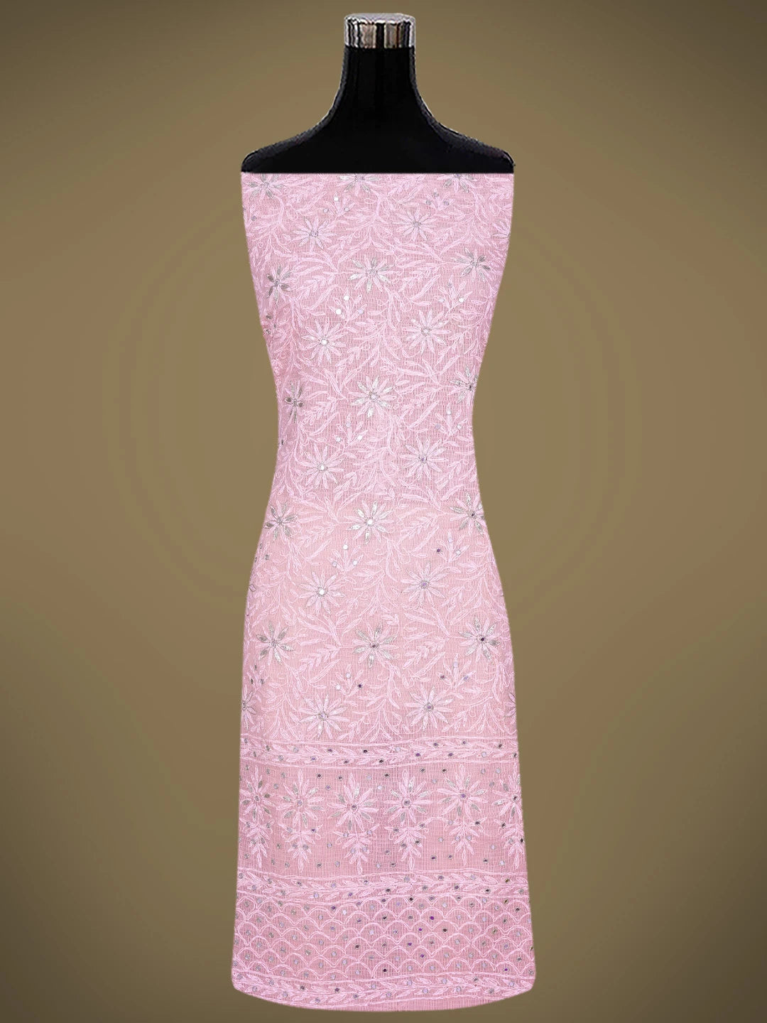 Ada Hand Embroidered Pink Kota Lucknowi Chikankari Unstitched Kurta Dupatta Set With Mirror Work 01A751088