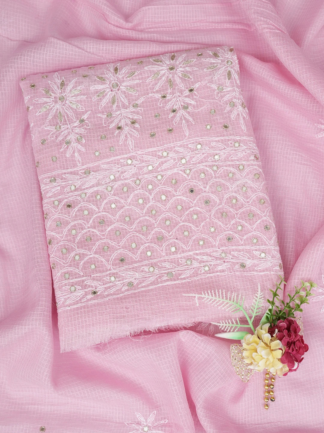 Ada Hand Embroidered Pink Kota Lucknowi Chikankari Unstitched Kurta Dupatta Set With Mirror Work 01A751088