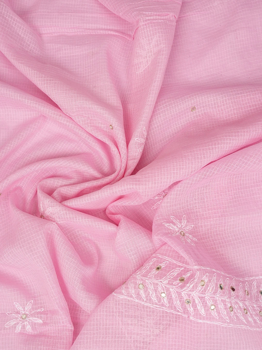 Ada Hand Embroidered Pink Kota Lucknowi Chikankari Unstitched Kurta Dupatta Set With Mirror Work 01A751088
