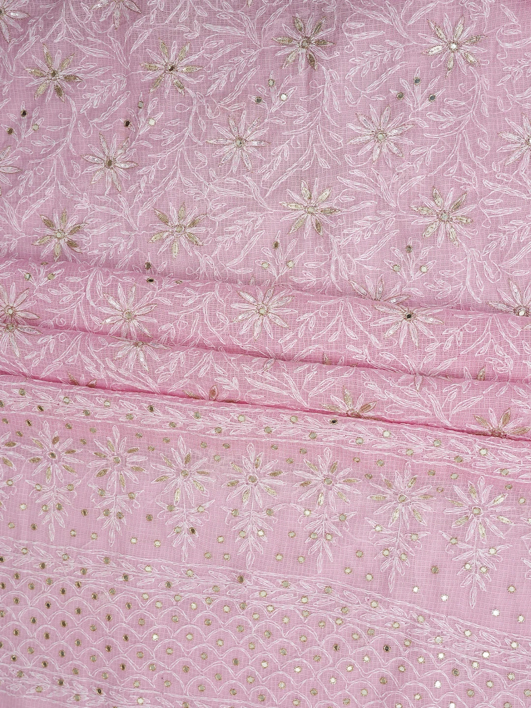 Ada Hand Embroidered Pink Kota Lucknowi Chikankari Unstitched Kurta Dupatta Set With Mirror Work 01A751088