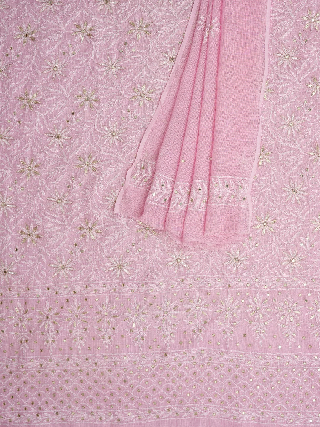Ada Hand Embroidered Pink Kota Lucknowi Chikankari Unstitched Kurta Dupatta Set With Mirror Work 01A751088