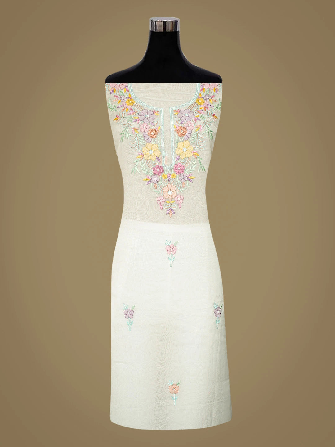 Ada Hand Embroidered Smoke White Organza Lucknowi Chikankari Unstitched Kurta Dupatta Set With Parsi Work 01A819252
