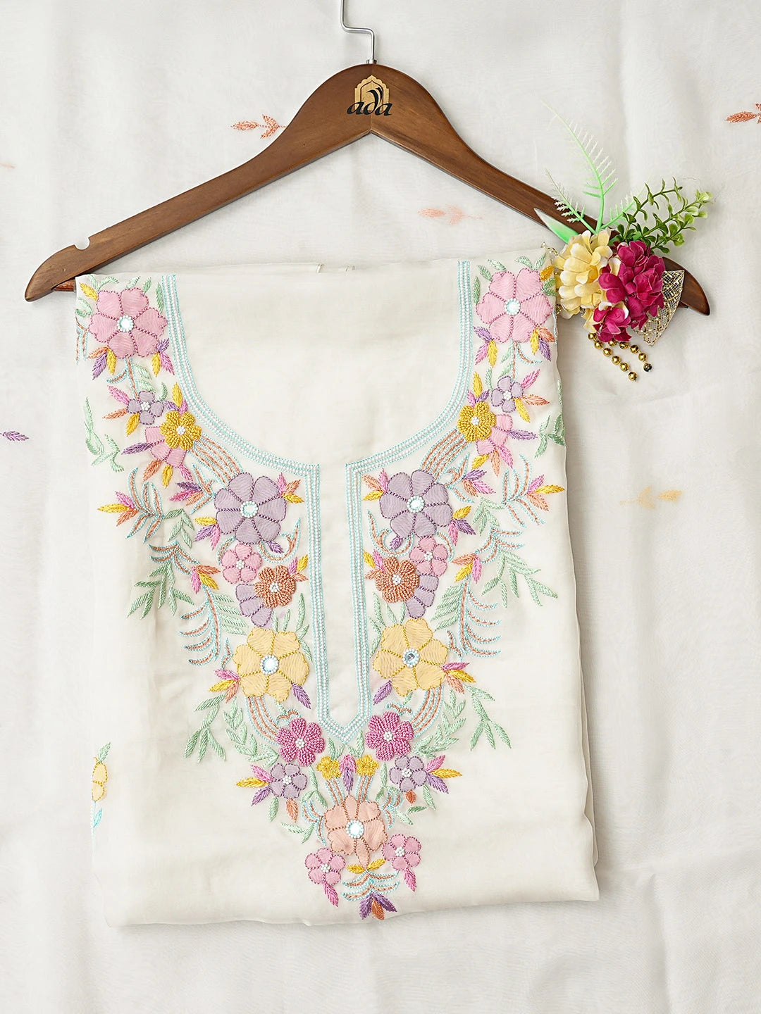 Ada Hand Embroidered Smoke White Organza Lucknowi Chikankari Unstitched Kurta Dupatta Set With Parsi Work 01A819252
