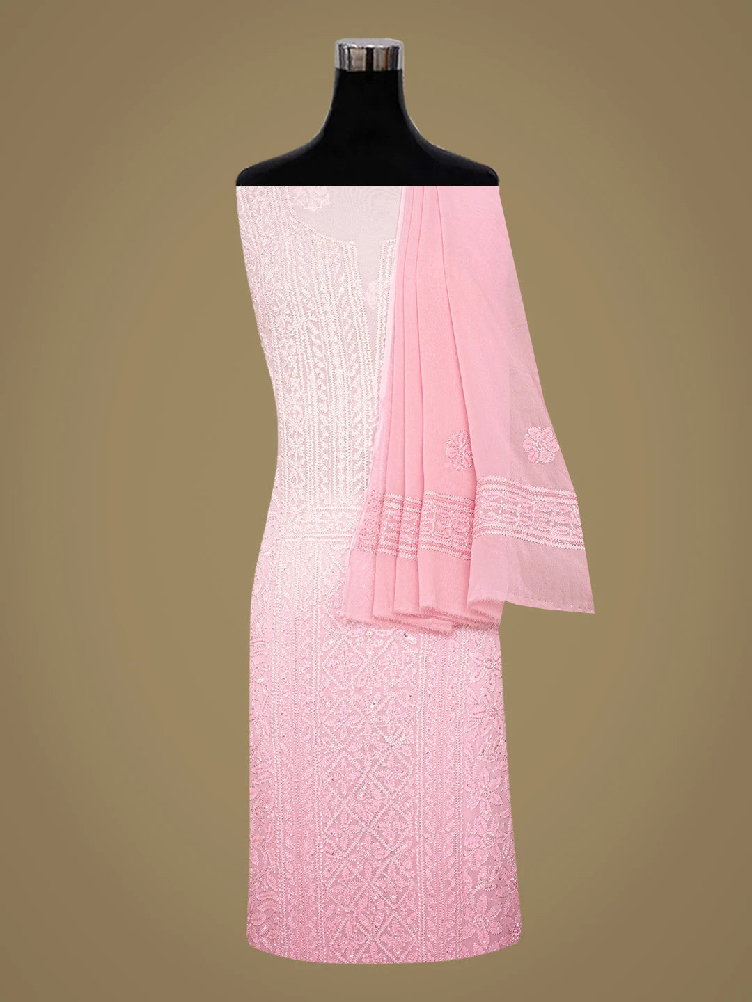 Ada Hand Embroidered Pink Viscose Georgette Lucknowi Chikankari Unstitched Kurta Dupatta Set With Cutdana Work 01A801925