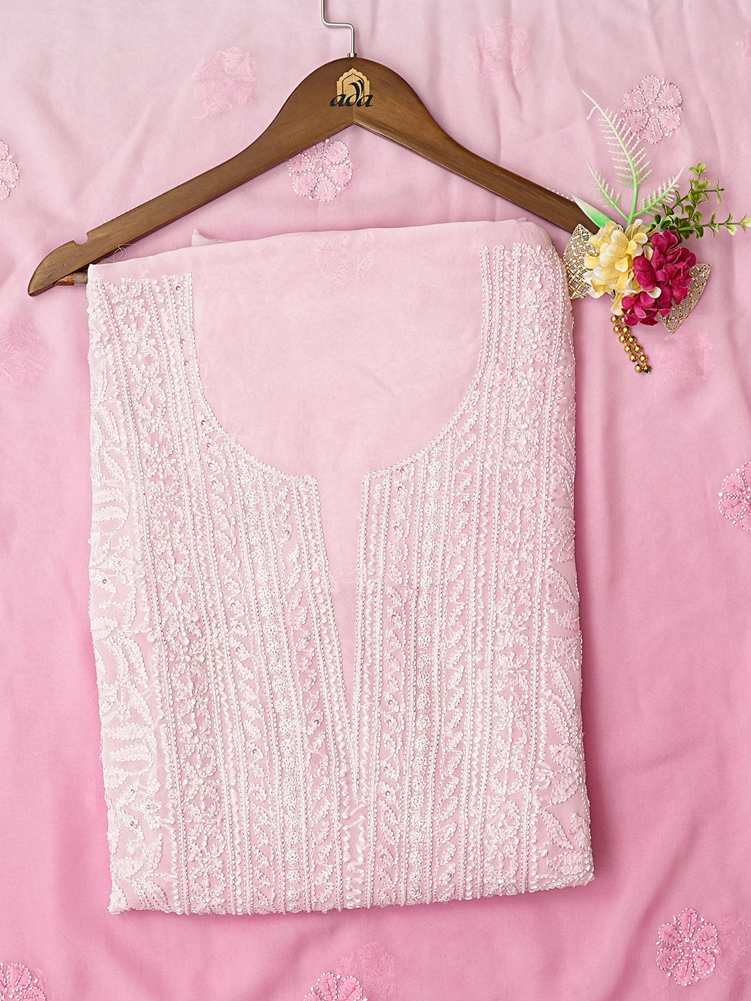 Ada Hand Embroidered Pink Viscose Georgette Lucknowi Chikankari Unstitched Kurta Dupatta Set With Cutdana Work 01A801925
