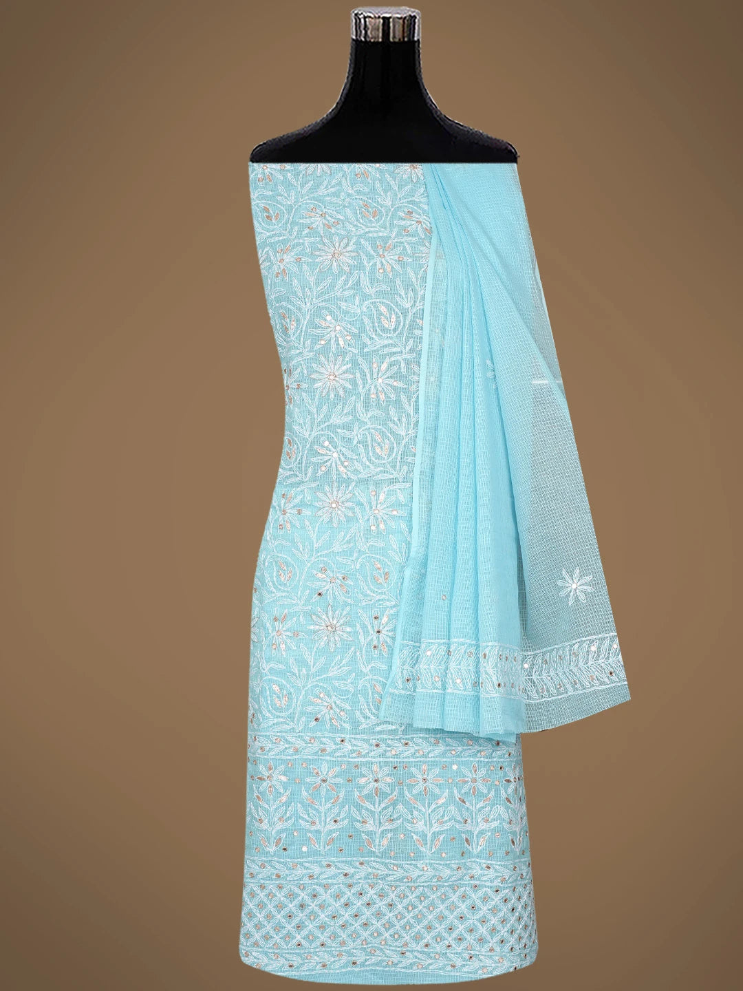 Ada Hand Embroidered Blue Kota Lucknowi Chikankari Unstitched Kurta Dupatta Set With Mirror Work 01A751094