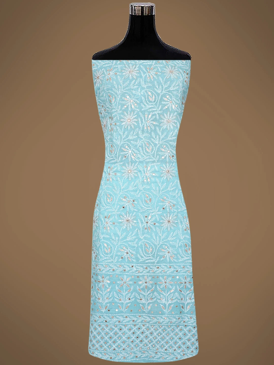 Ada Hand Embroidered Blue Kota Lucknowi Chikankari Unstitched Kurta Dupatta Set With Mirror Work 01A751094