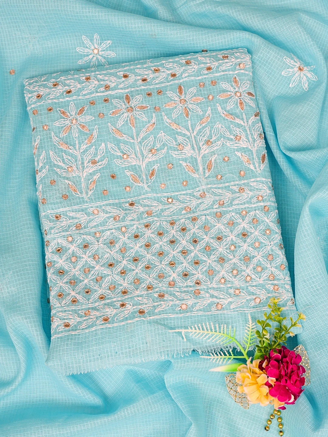 Ada Hand Embroidered Blue Kota Lucknowi Chikankari Unstitched Kurta Dupatta Set With Mirror Work 01A751094