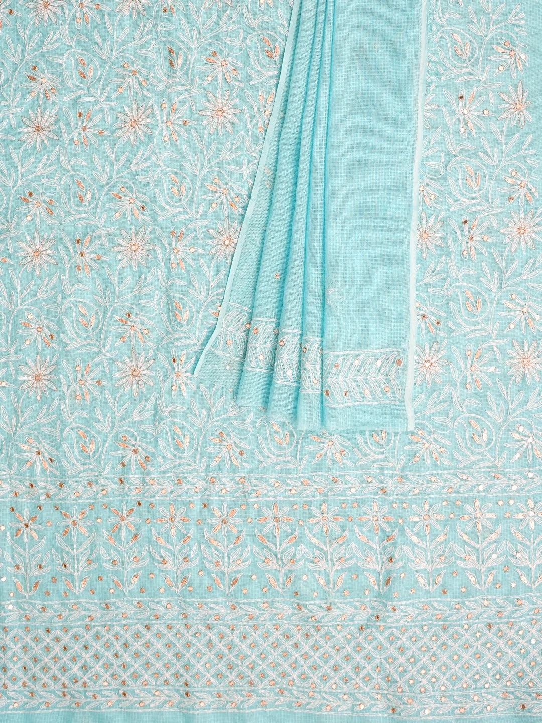 Ada Hand Embroidered Blue Kota Lucknowi Chikankari Unstitched Kurta Dupatta Set With Mirror Work 01A751094