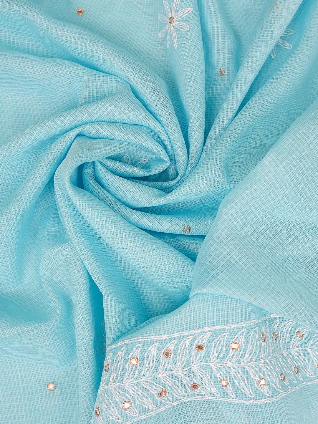 Ada Hand Embroidered Blue Kota Lucknowi Chikankari Unstitched Kurta Dupatta Set With Mirror Work 01A751094