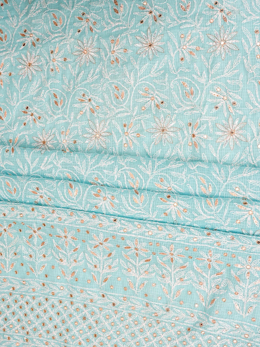 Ada Hand Embroidered Blue Kota Lucknowi Chikankari Unstitched Kurta Dupatta Set With Mirror Work 01A751094
