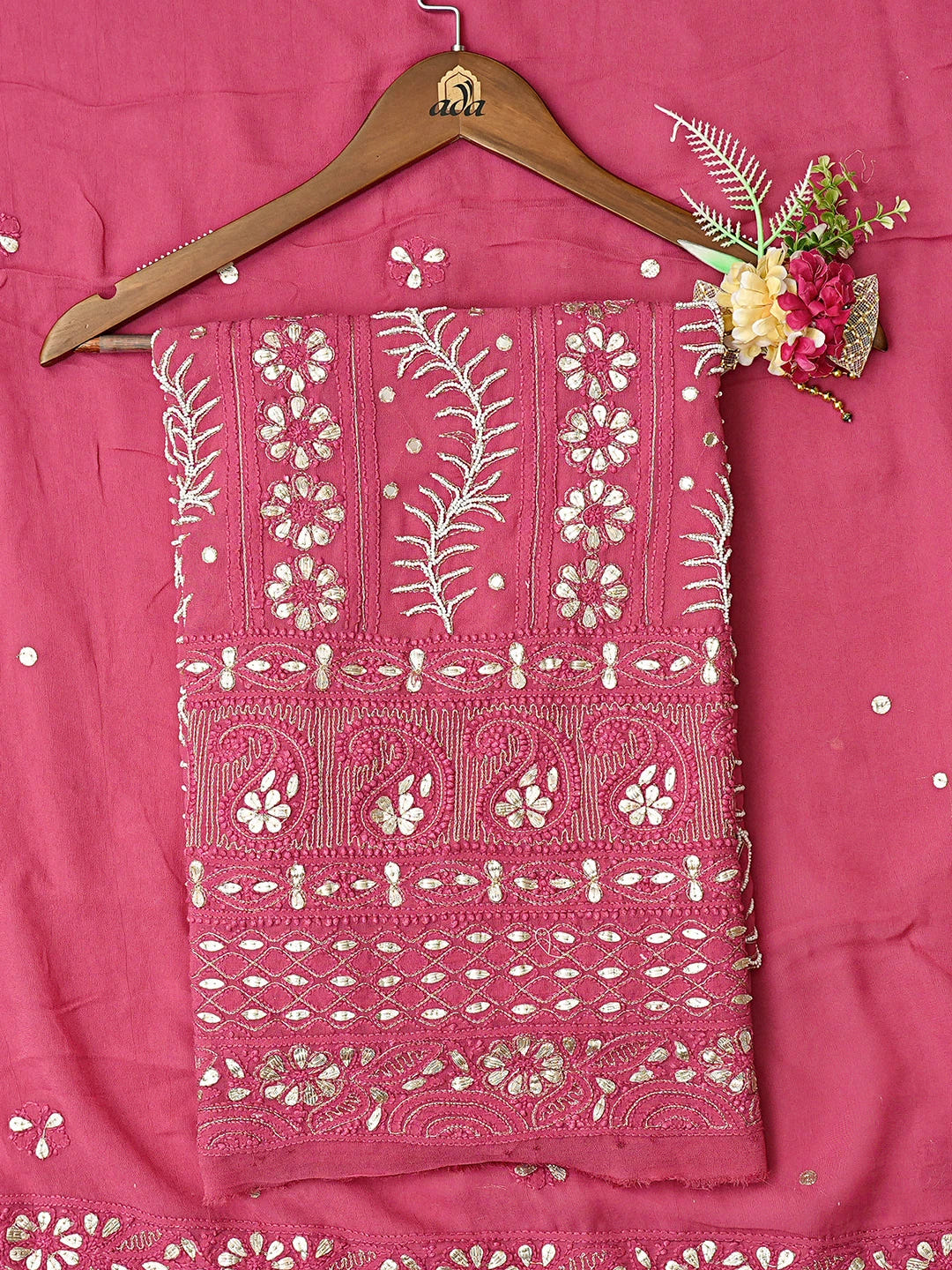 Ada Hand Embroidered Magenta Viscose Georgette Lucknowi Chikankari Unstitched Kurta Dupatta Set With Gotapatti Work 01A777555
