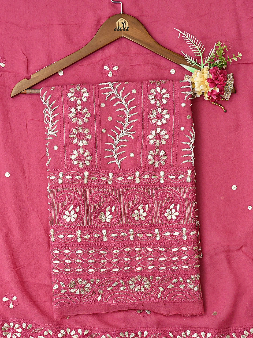 Ada Hand Embroidered Magenta Viscose Georgette Lucknowi Chikankari Unstitched Kurta Dupatta Set With Gotapatti Work 01A777555