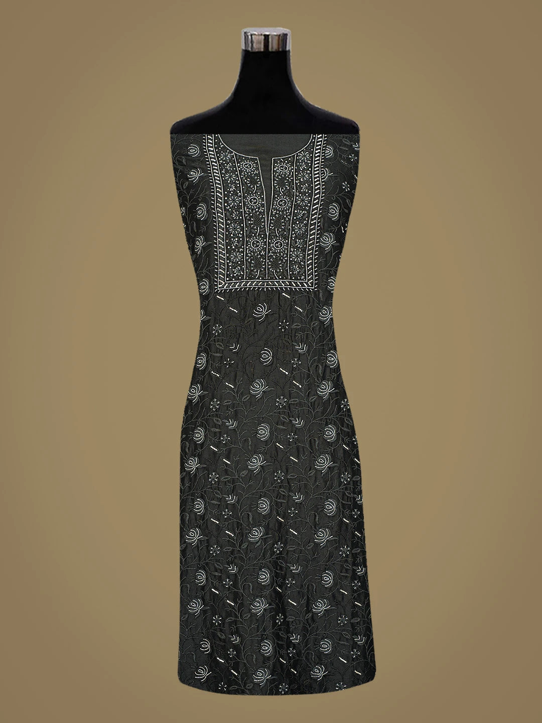 Ada Hand Embroidered Black Chanderi Lucknowi Chikankari Unstitched Kurta Dupatta Set With Cutdana Work 01A707513
