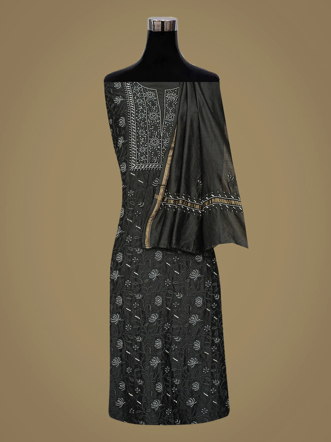 Ada Hand Embroidered Black Chanderi Lucknowi Chikankari Unstitched Kurta Dupatta Set With Cutdana Work 01A707513