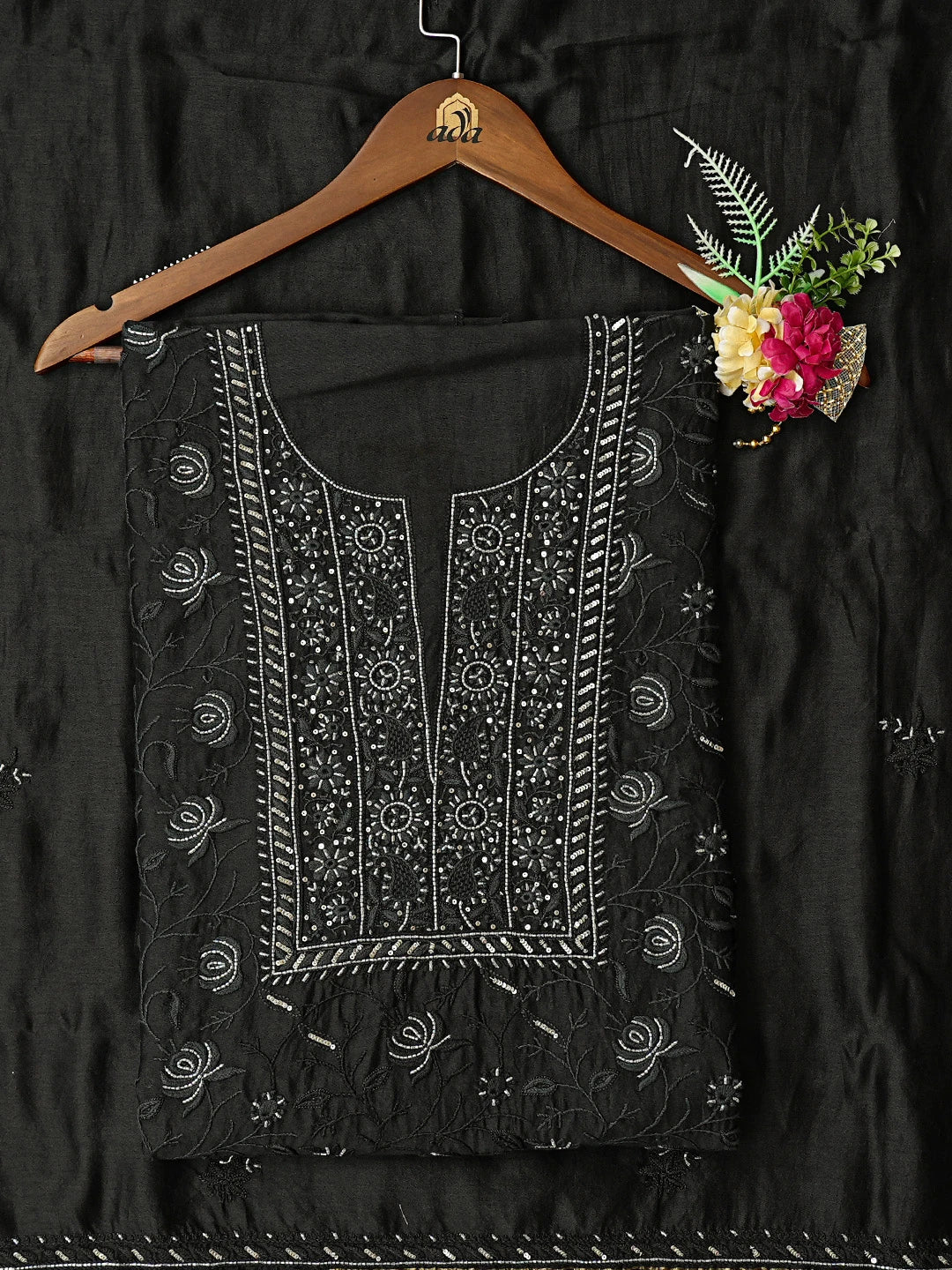 Ada Hand Embroidered Black Chanderi Lucknowi Chikankari Unstitched Kurta Dupatta Set With Cutdana Work 01A707513