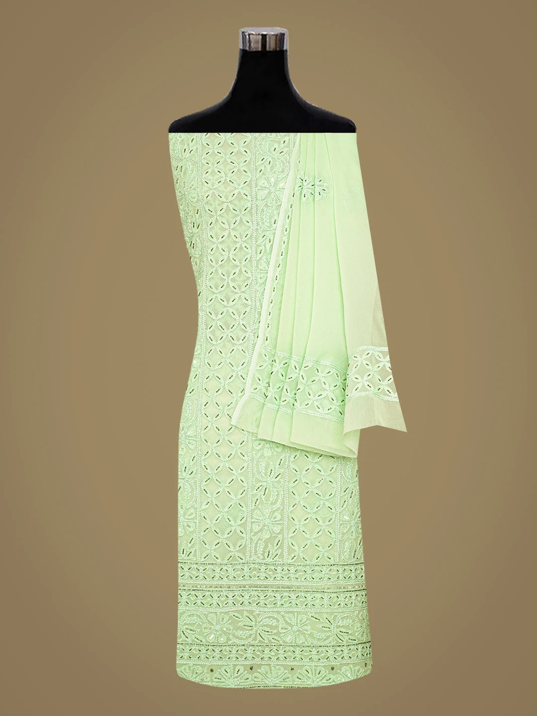 Ada Hand Embroidered Light Green Viscose Georgette Lucknowi Chikankari Unstitched Kurta Dupatta Set With Cutdana Work 01A389517