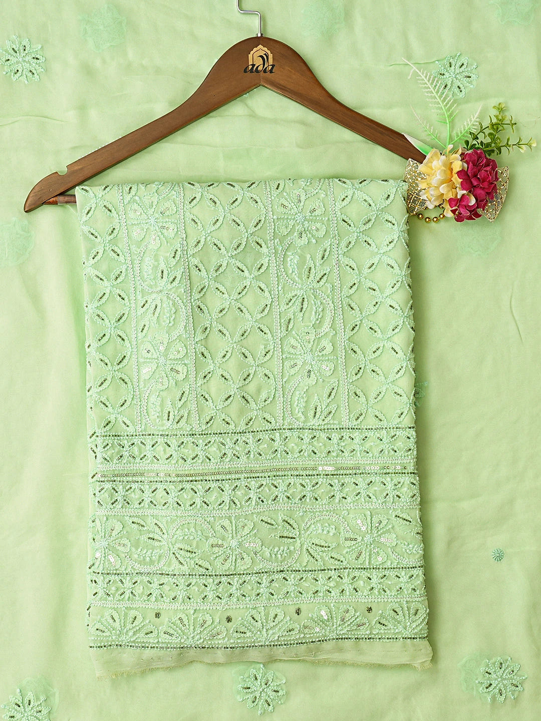 Ada Hand Embroidered Light Green Viscose Georgette Lucknowi Chikankari Unstitched Kurta Dupatta Set With Cutdana Work 01A389517