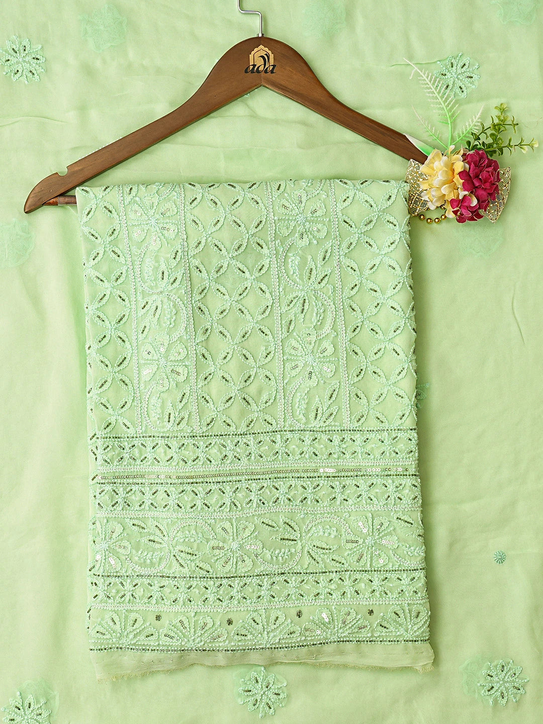 Ada Hand Embroidered Light Green Viscose Georgette Lucknowi Chikankari Unstitched Kurta Dupatta Set With Cutdana Work 01A389517