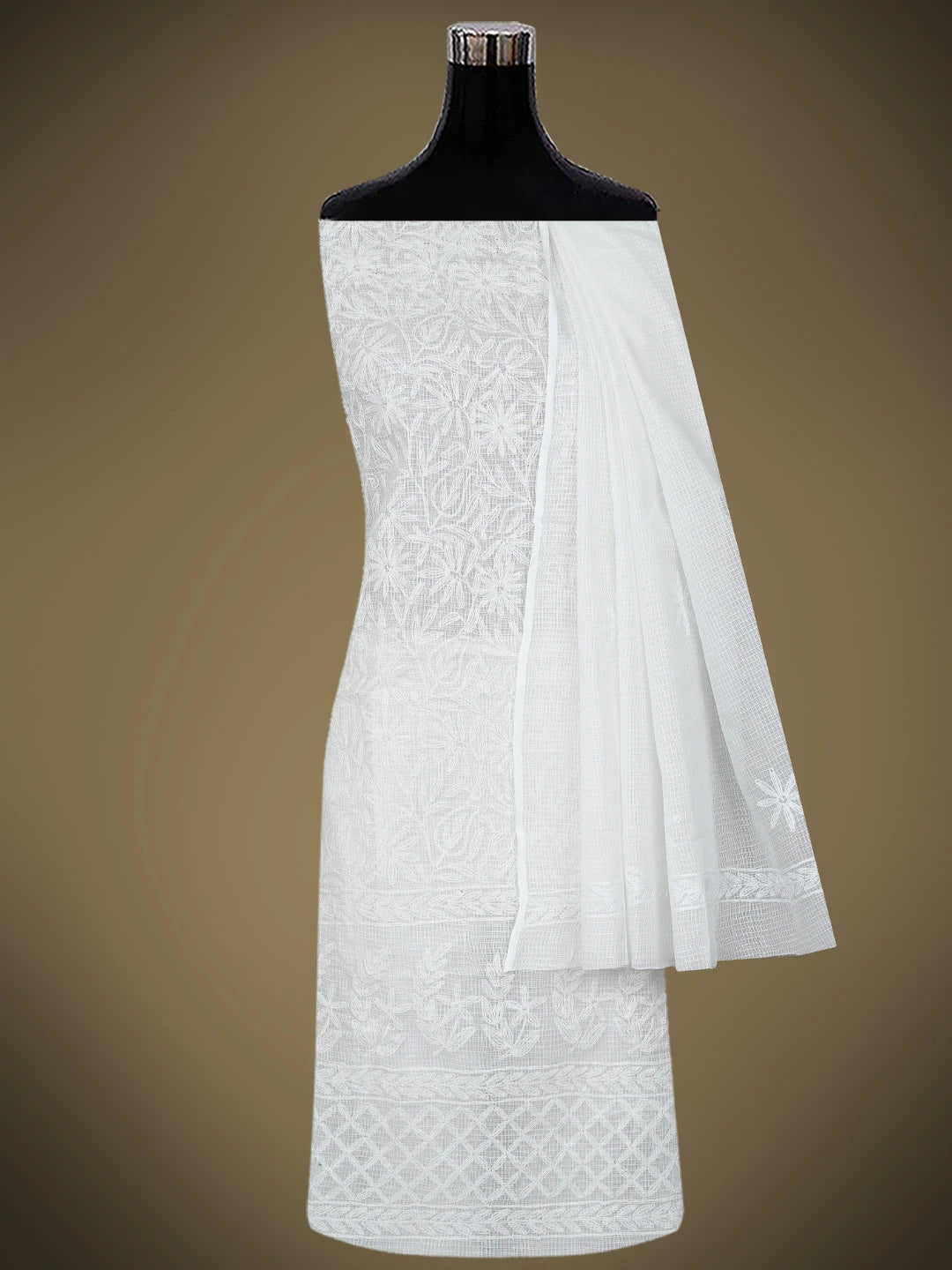 Ada Hand Embroidered White Kota Lucknowi Chikankari Unstitched Kurta Dupatta Set 01A751298