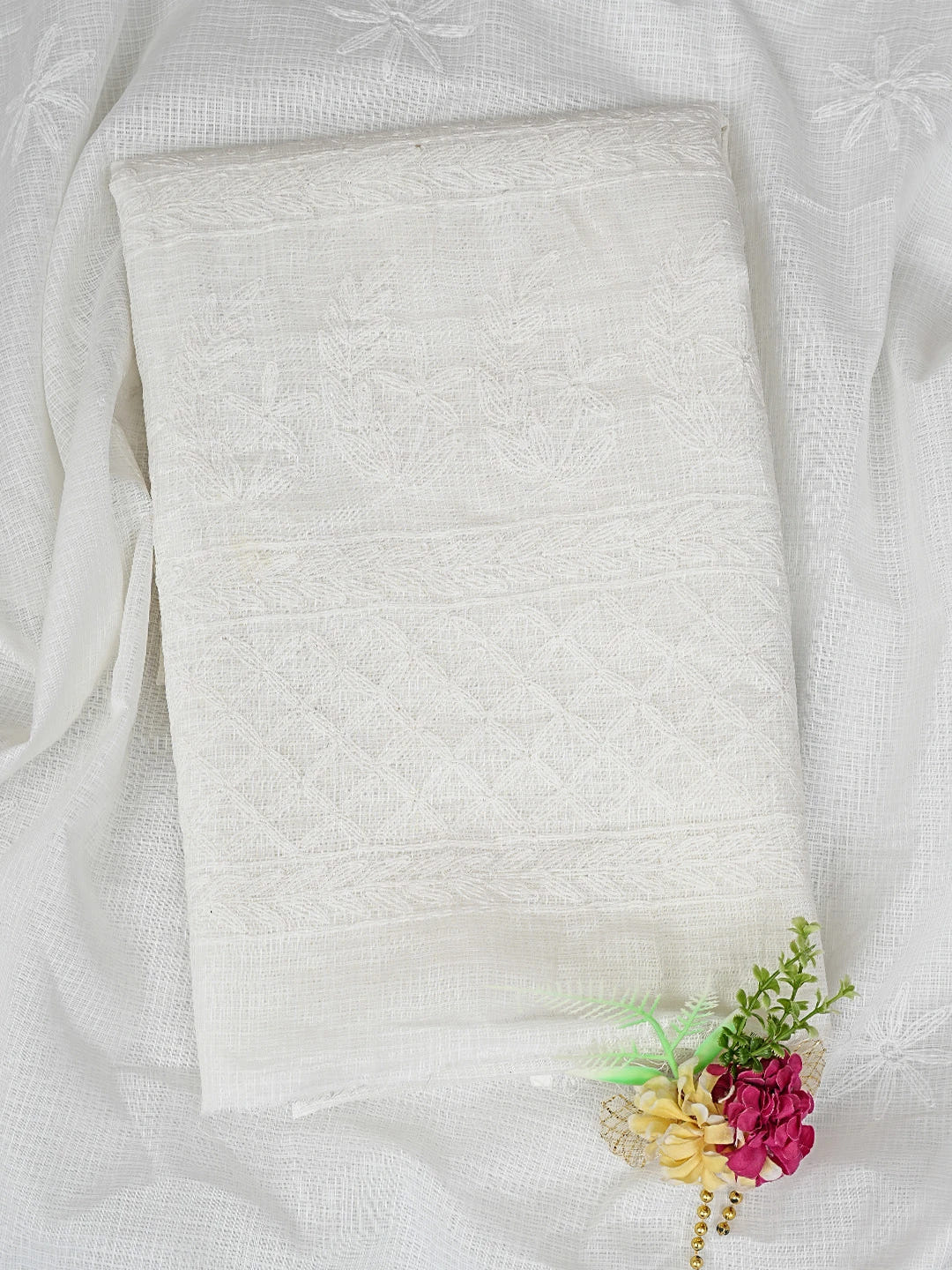Ada Hand Embroidered White Kota Lucknowi Chikankari Unstitched Kurta Dupatta Set 01A751298