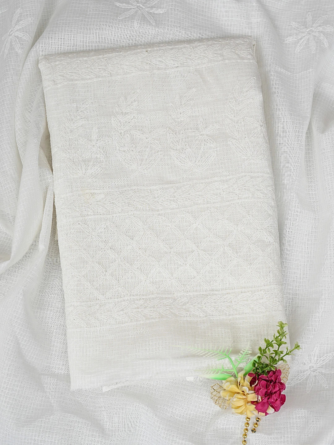Ada Hand Embroidered White Kota Lucknowi Chikankari Unstitched Kurta Dupatta Set 01A751298