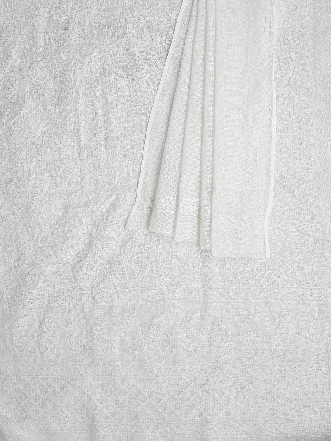 Ada Hand Embroidered White Kota Lucknowi Chikankari Unstitched Kurta Dupatta Set 01A751298