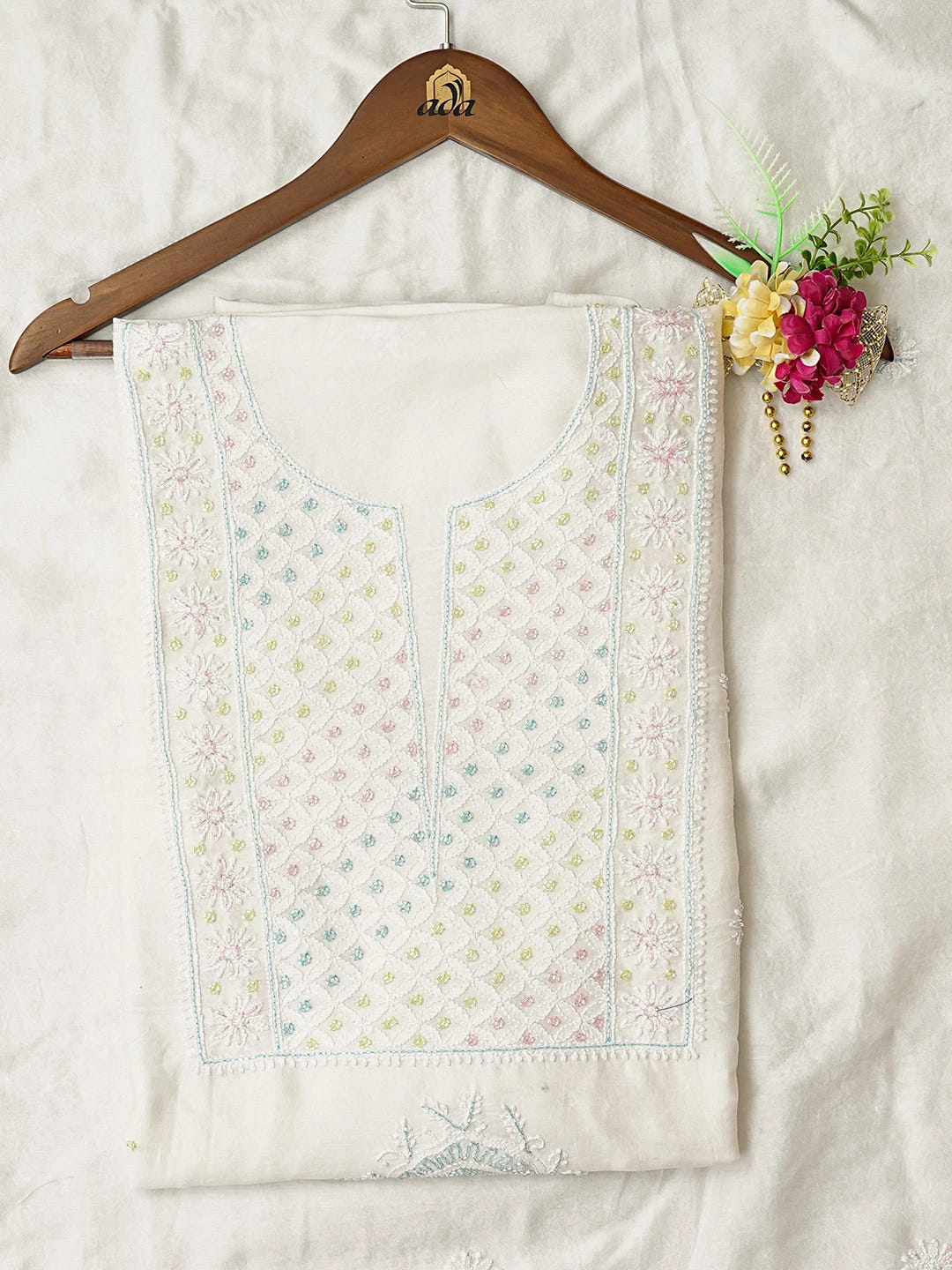 Ada Hand Embroidered White Chanderi Lucknowi Chikankari Unstitched Kurta Dupatta Set With Cutdana Work 01A488882