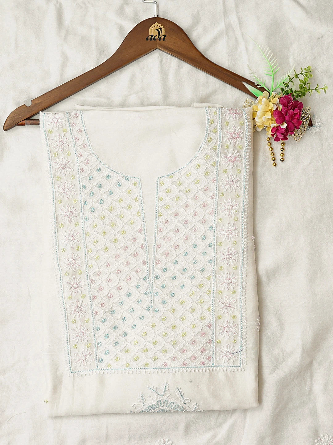 Ada Hand Embroidered White Chanderi Lucknowi Chikankari Unstitched Kurta Dupatta Set With Cutdana Work 01A488882