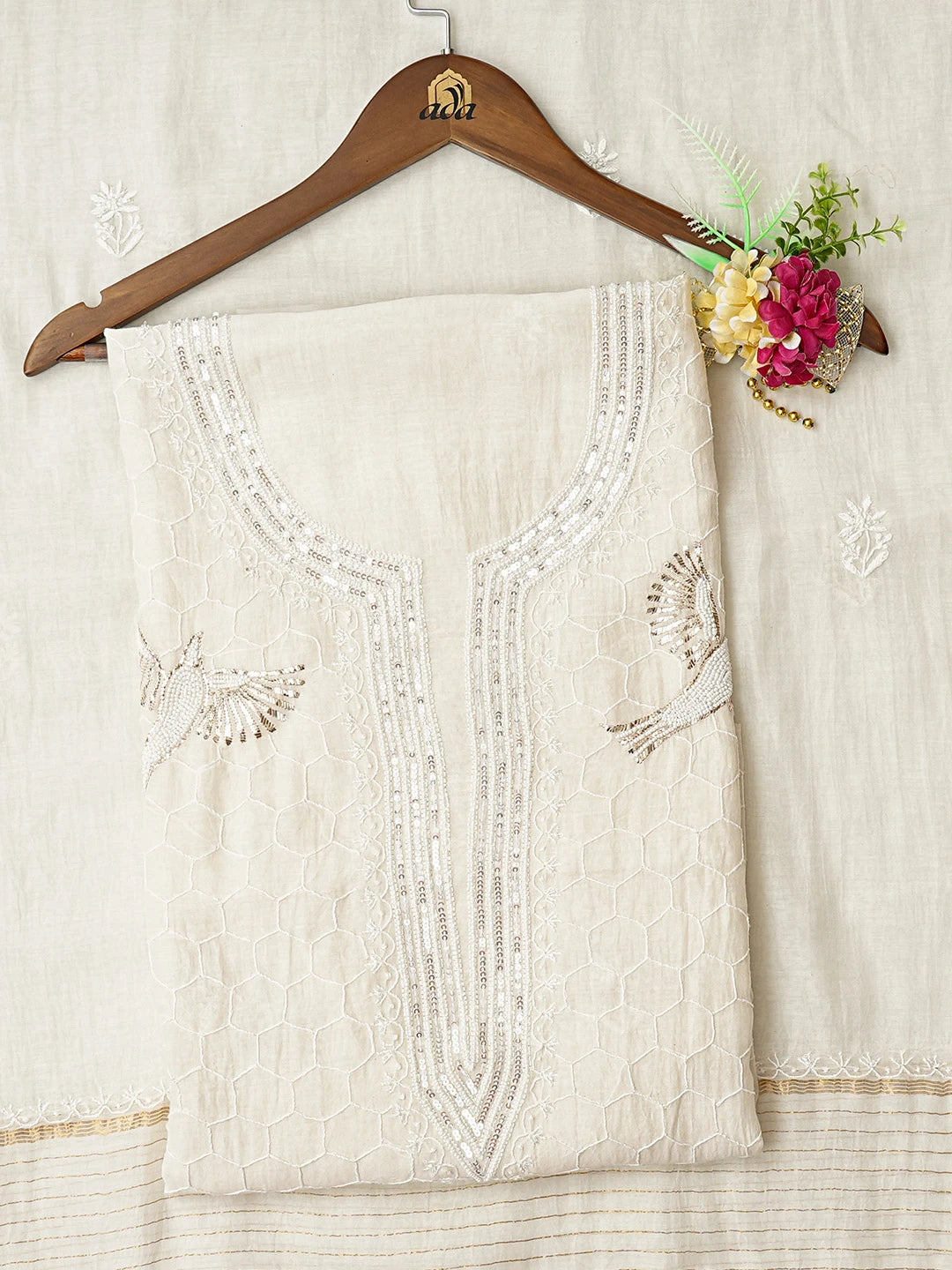 Ada Hand Embroidered White Chanderi Lucknowi Chikankari Unstitched Kurta Dupatta Set With Pearl Work 01A826564