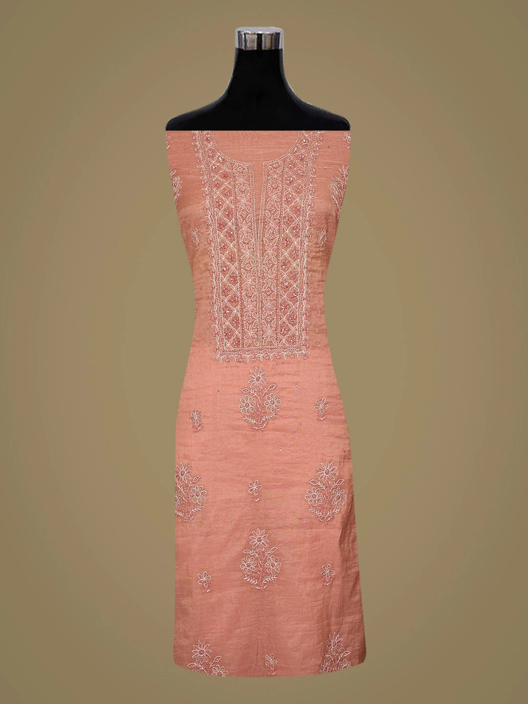 Ada Hand Embroidered Dark Peach Chanderi Lucknowi Chikankari Unstitched Kurta Dupatta Set With Cutdana Work 01A780369
