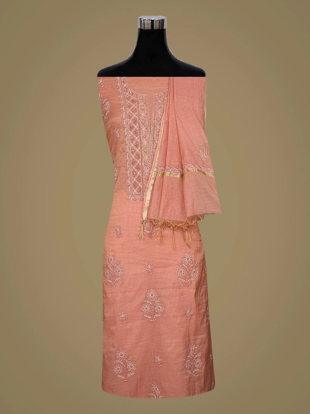 Ada Hand Embroidered Dark Peach Chanderi Lucknowi Chikankari Unstitched Kurta Dupatta Set With Cutdana Work 01A780369