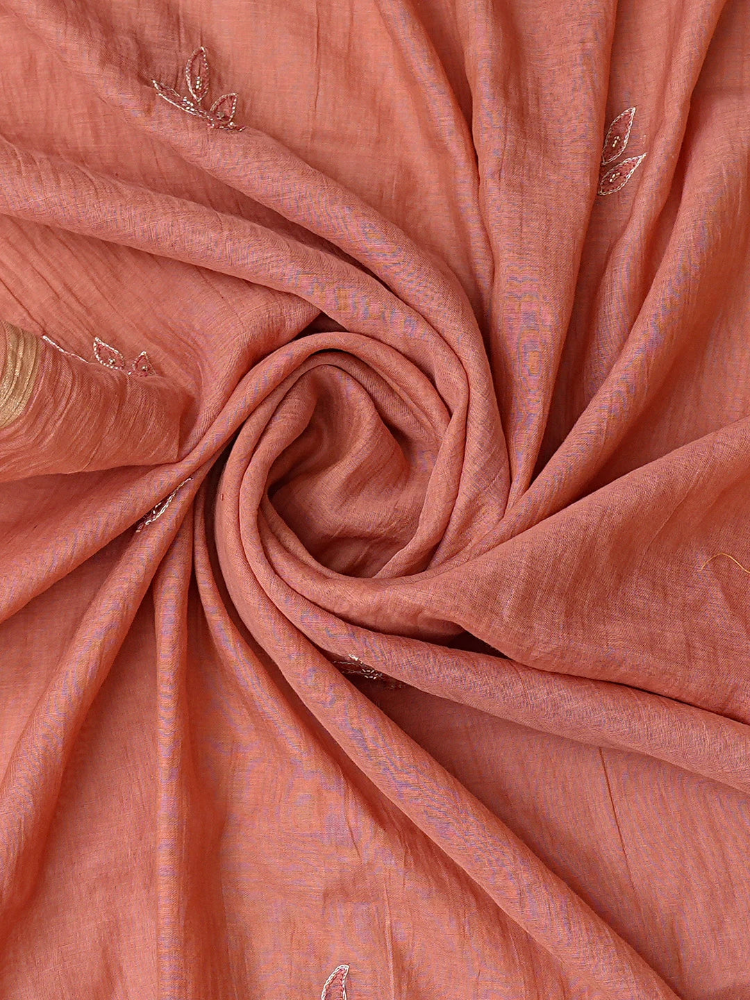 Ada Hand Embroidered Dark Peach Chanderi Lucknowi Chikankari Unstitched Kurta Dupatta Set With Cutdana Work 01A780369