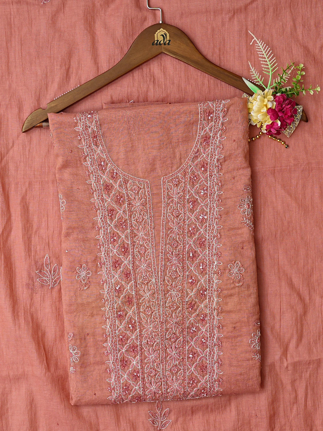 Ada Hand Embroidered Dark Peach Chanderi Lucknowi Chikankari Unstitched Kurta Dupatta Set With Cutdana Work 01A780369