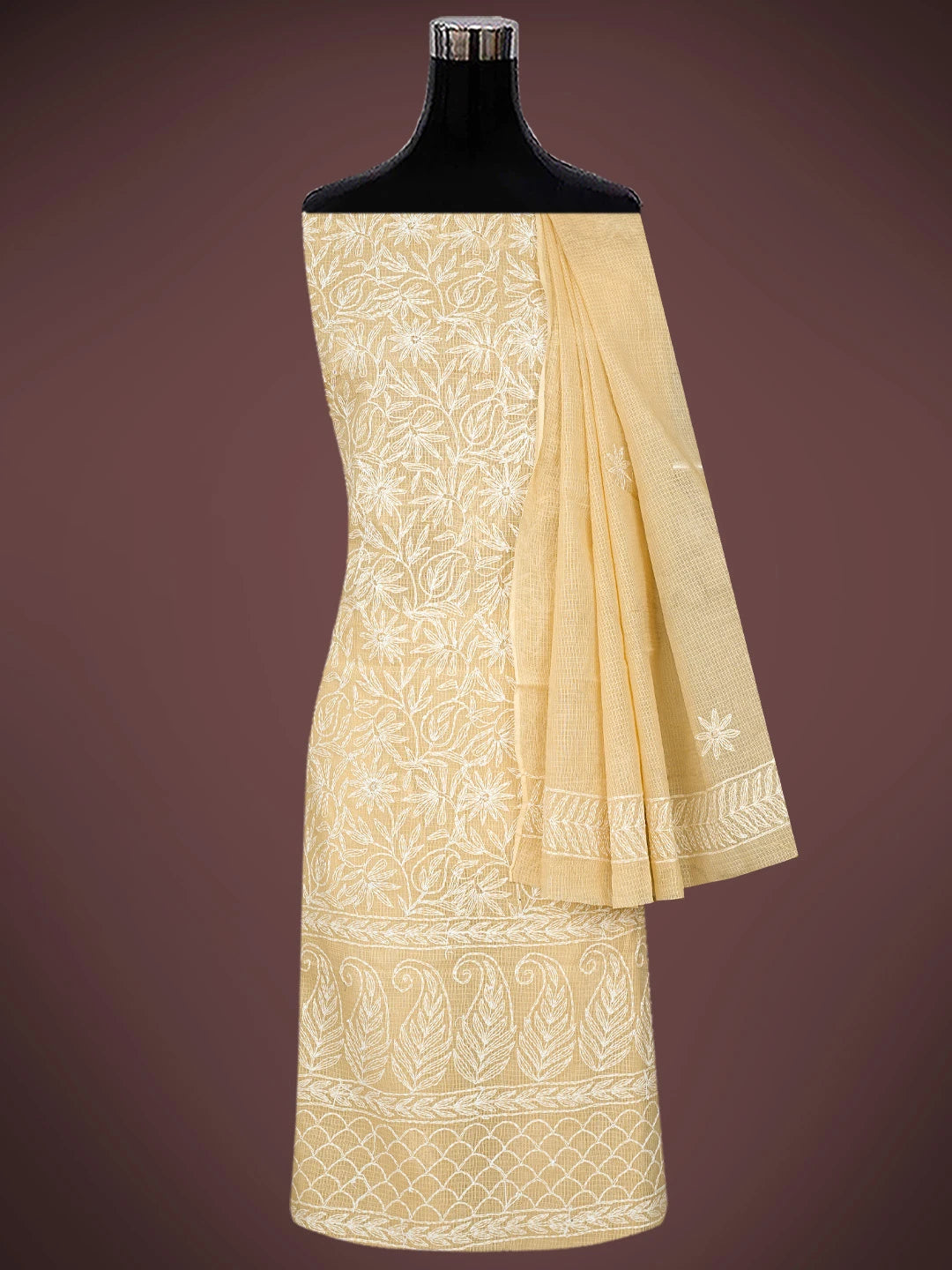 Ada Hand Embroidered Fawn Kota Lucknowi Chikankari Unstitched Kurta Dupatta Set 01A751328