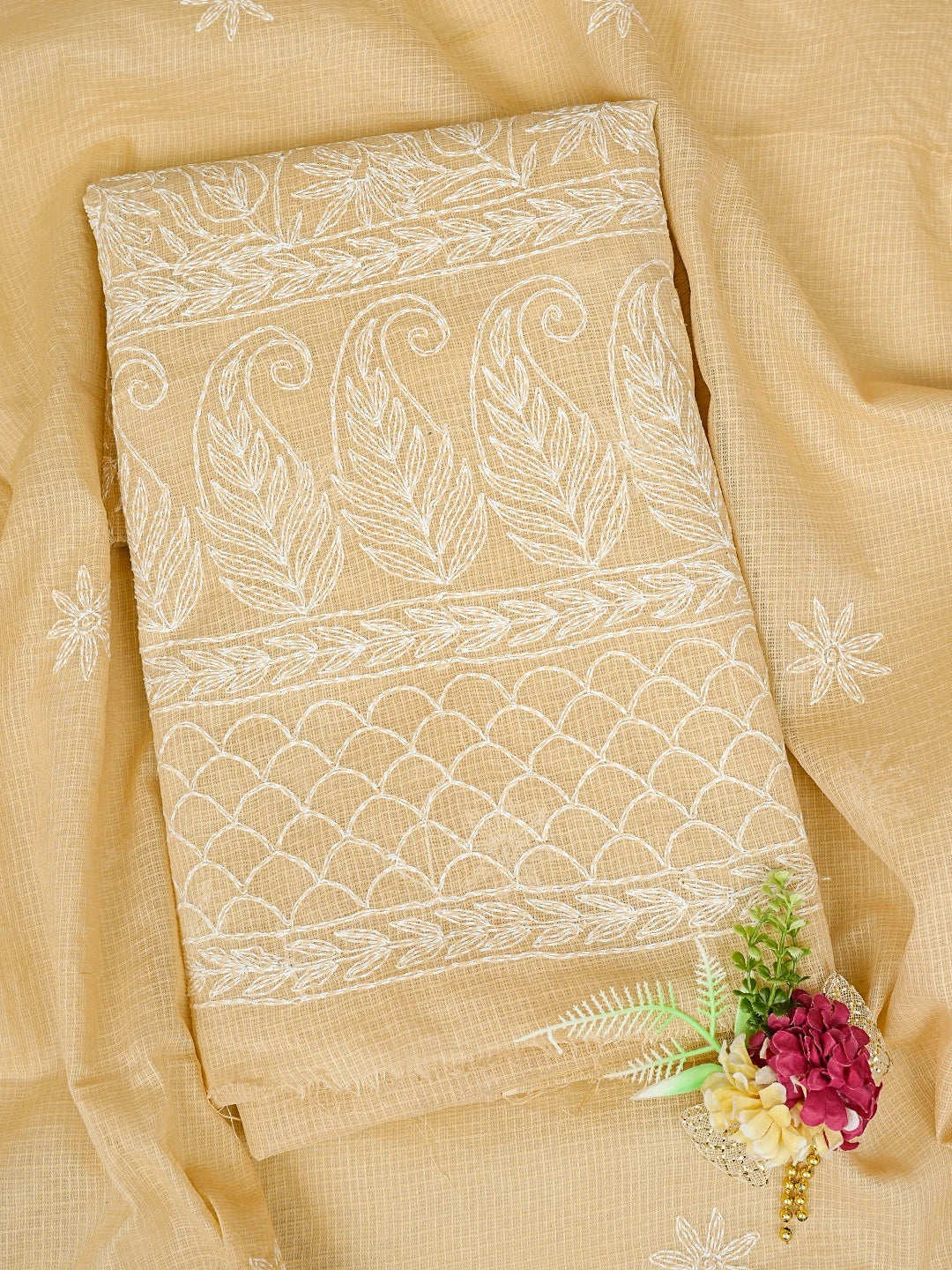 Ada Hand Embroidered Fawn Kota Lucknowi Chikankari Unstitched Kurta Dupatta Set 01A751328