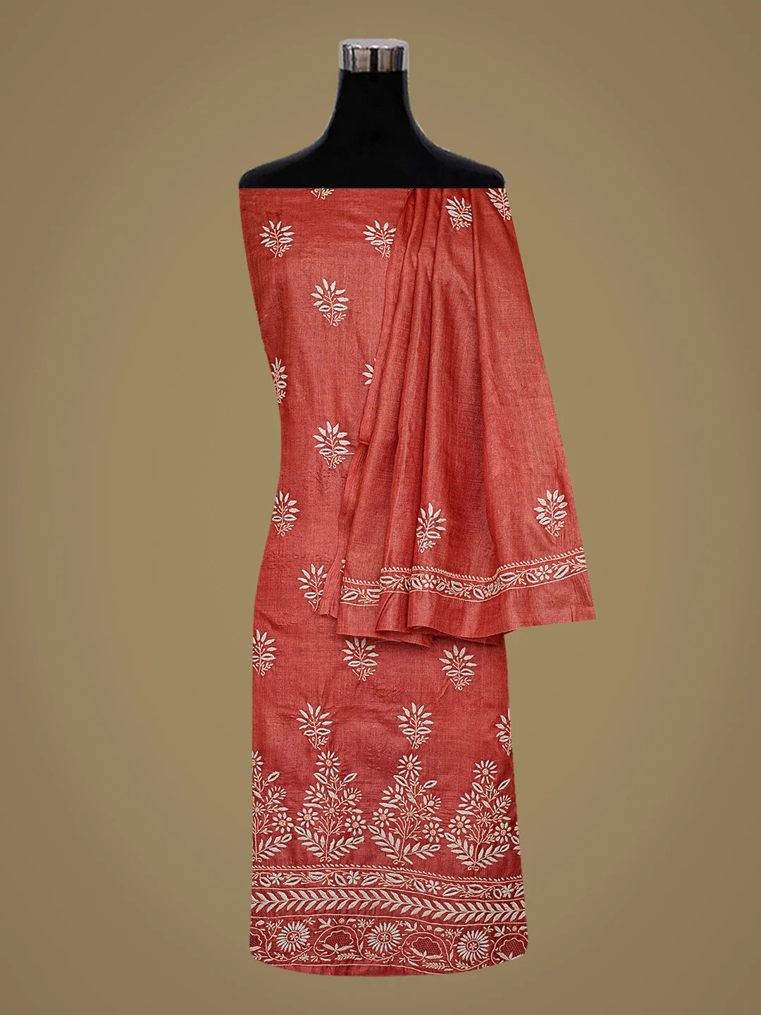 Ada Hand Embroidered Maroon Silk Lucknowi Chikankari Unstitched Kurta Dupatta Set 01A836093
